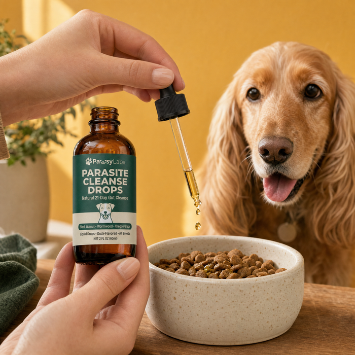 PawGutsy drops with a happy dog